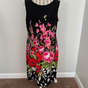 Connected Apparel Black Midi Dress with Pink and Red Floral Print